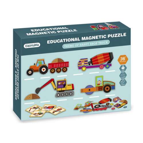 Vzdelávacia magnetická puzzle, stavebné vozidlá, 36 dielov, XiaoHuMa