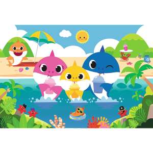 Puzzle Baby Shark cu 60 de piese de la Trefl, prezentând familia Baby Shark în vacanță pe plajă - Trefl Puzzle