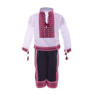 Boy's traditional Ukrainian folk costume, white shirt with red embroidery, black pants with red embroidery, 2 piece set - OEM
