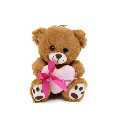 Urs de pluș maro care ține o inimă roz cu inscripția "love", 15cm, Maci szívvel 3f