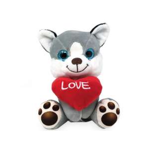 Szary pluszowy pies trzymający czerwone serce z napisem LOVE, 14cm - Nonbrand Plusz