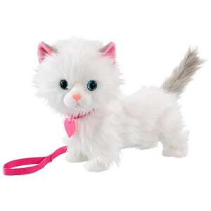 Jucărie interactivă Animagic Mimi cu pisică de pluș care merge, albă cu guler roz și lesă - Plușuri interactive