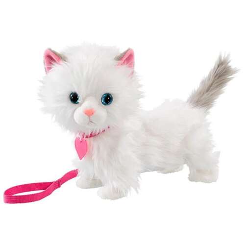 Jucărie interactivă Animagic Mimi cu pisică de pluș care merge, albă cu guler roz și lesă