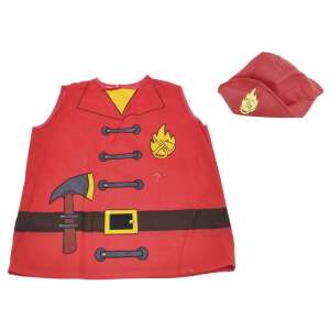 Firefighter costume for kids, red vest with axe and flame print, brown belt, and red cap with flame logo - Costume for Kid