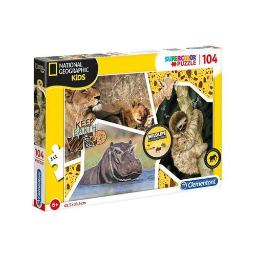 National Geographic Kids Supercolor Puzzle 104 elementy, przedstawiający lwa, hipopotama i leniwca