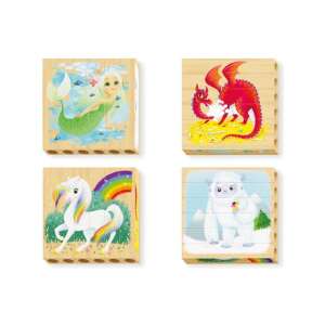 Patru blocuri de lemn cu creaturi fantastice, parte din Quercetti PlayBio Patru puzzle - Puzzle 3D & Puzzle cu burete