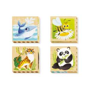 Piese de puzzle din blocuri de lemn Quercetti PlayBio Four Puzzle cu animale pe cale de dispariție, cum ar fi tigrul, balena, panda, albina - Puzzle 3D & Puzzle cu burete