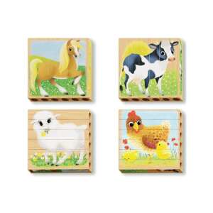 Quercetti PlayBio Cztery puzzle, drewniane elementy układanki z zwierzętami z farmy, koń, krowa, owca, kura - Quercetti Puzzle