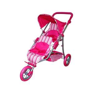 Pink double stroller toy for dolls, 3 wheels, adjustable handle, storage basket, safety belts - Game stroller