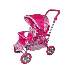 Różowy wózek dla lalek bliźniaczych z podnóżkiem i koszem, 63,5x39x75 cm - Wózek do gier