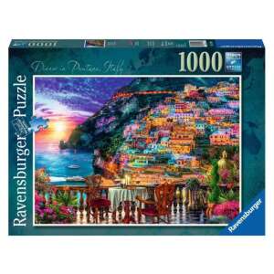 Puzzle Ravensburger 1000 elementów, Kolacja w Positano, Włochy, przedstawiające romantyczną kolację na balkonie z widokiem na kolorowe miasteczko Positano o zachodzie słońca - Ravensburger Puzzle