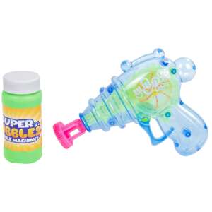 Modrá pištoľ na mydlové bubliny so zeleným roztokom na bubliny, značka Super Bubbles, 20 cm - Bublifuky