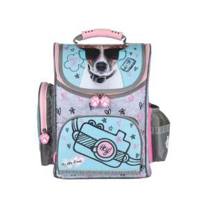 My Little Friend Dog ergonomikus iskolatáska, szürke rózsaszín és kék részletekkel, elülső nézet - Unipap