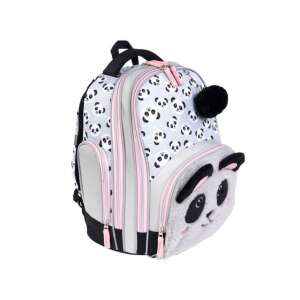 Pandás prémium kétrekeszes iskolatáska, hátizsák 37x20x31cm, szürke és rózsaszín pandás hátizsák plüss panda arccal - Unipap