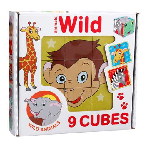 Vadállatok 9 kockás puzzle, 9 darabos puzzle gyerekeknek, vadállatokkal, mint majom, zsiráf és zebra - Játék