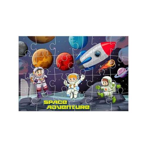 Puzzle Space Adventure cu astronauți, planete și o rachetă
