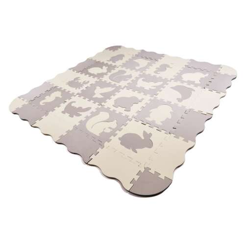 Grey and beige foam puzzle playmat with animal shapes for babies and toddlers