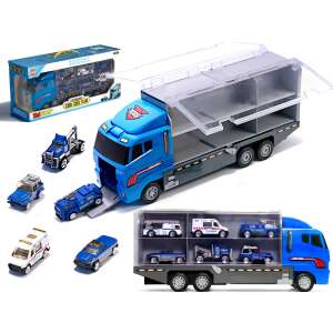 Blue toy truck with 6 smaller toy cars inside, including a police car, ambulance, and tow truck - Kik