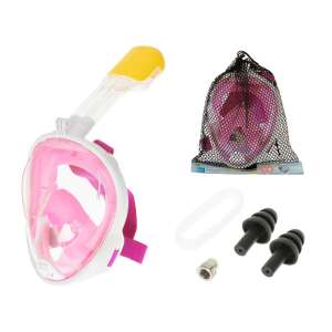 Full face snorkeling mask with snorkel, earplugs, and mesh bag, pink and white, S/M size - Diving Mask