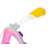 Close-up of pink and white full face snorkeling mask with yellow snorkel, S/M size