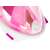 Close-up of pink and white full face snorkeling mask with yellow snorkel, S/M size