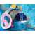 Pink and white full face snorkeling mask with yellow snorkel in use, S/M size