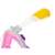 Close-up of pink and white full face snorkeling mask with yellow snorkel, S/M size