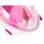 Close-up of pink and white full face snorkeling mask with yellow snorkel, S/M size