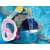 Pink and white full face snorkeling mask with yellow snorkel in use, S/M size