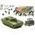 Collage of plastic army toys, including soldiers, tanks, trucks, guns, and grenades