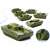 Green plastic toy tank with camouflage pattern, close-up of the wheels