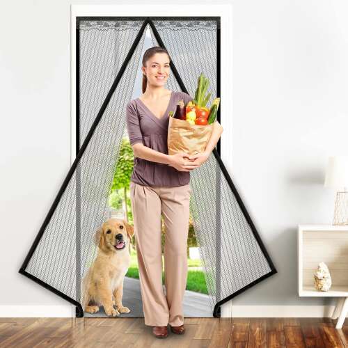 Woman and dog passing through Magnetic Mosquito Net Door Screen