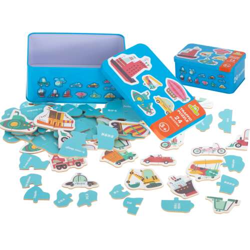 24 piece vehicle puzzle in a tin, featuring cars, trucks, boats, and airplanes
