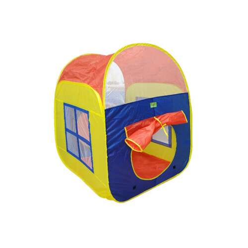 Yellow, red, and blue play tent for kids, with window and roll-up door