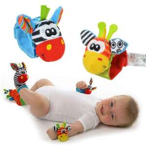Two colorful baby wrist rattles, one zebra and one giraffe, with crinkle ears and a crinkling sound - JM