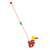 Wooden duck push toy with colorful wheels and beads, side view