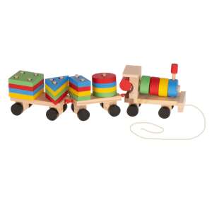 Tren din lemn cu blocuri colorate, mașină cu blocuri de construcție geometrice - Tren, element feroviar, autostradă