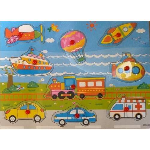 Wooden puzzle with different vehicles for kids, including a plane, hot air balloon, rocket, ship, submarine, train, yellow car, police car, and ambulance