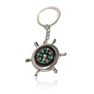 Silver compass keychain with ship wheel design - Keychain