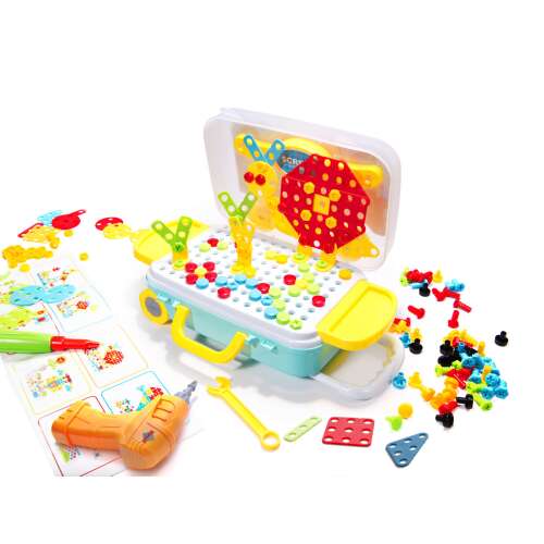 258 piece construction toy set with screwdriver and drill, includes suitcase for storage and transport