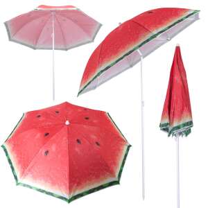 Collage of Ikonka 1.8m foldable watermelon patterned beach umbrella, showing the umbrella from different angles