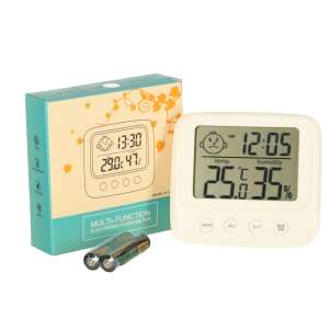 White digital hygrometer with clock, temperature and humidity display, packaged with batteries - Room Thermometer