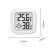 White digital hygrometer with LCD display showing temperature and humidity, with dimensions