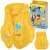 Bestway Swim Safe inflatable life jacket for kids, 32034, shown with a child wearing it in a swimming pool and a close-up of the design