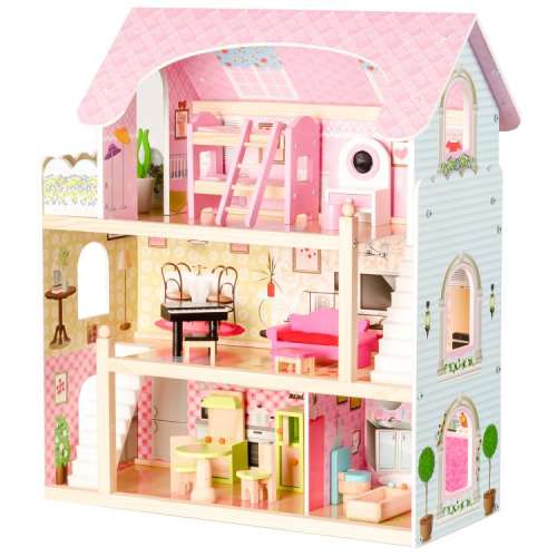 Ecotoys 3 szintes Tündérlak fa Babaház bútorokkal és babákkal