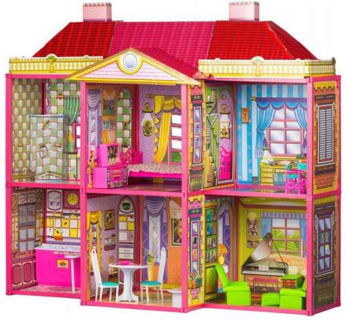 Ecotoys Villa 2 szintes Babaház bútorokkal Barbi babához #rózsaszín