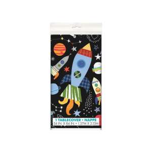 Tischdecke mit Weltraum-Motiv, 54 Zoll x 84 Zoll, mit Raketen, Planeten und Sternen auf schwarzem Hintergrund - Tischdecken