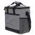 Side view of the grey insulated lunch bag with zipper, handles and shoulder strap
