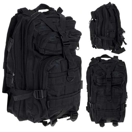 Black tactical military backpack with multiple pockets and straps, 25L capacity