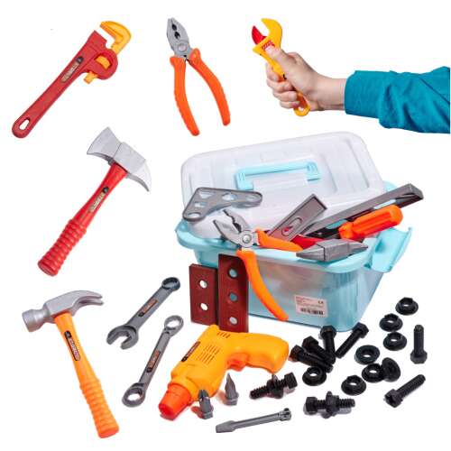 48 piece kids tool set with toolbox, hammer, screwdriver, wrench, pliers, axe, drill, nuts and bolts